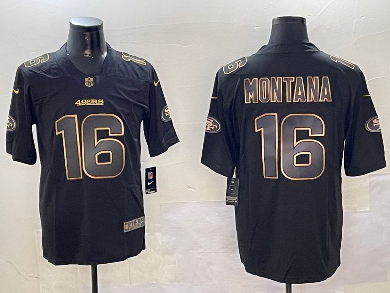 Men San Francisco 49ers 16 Montana Black Gold 2024 Nike Limited NFL Jersey style 0108